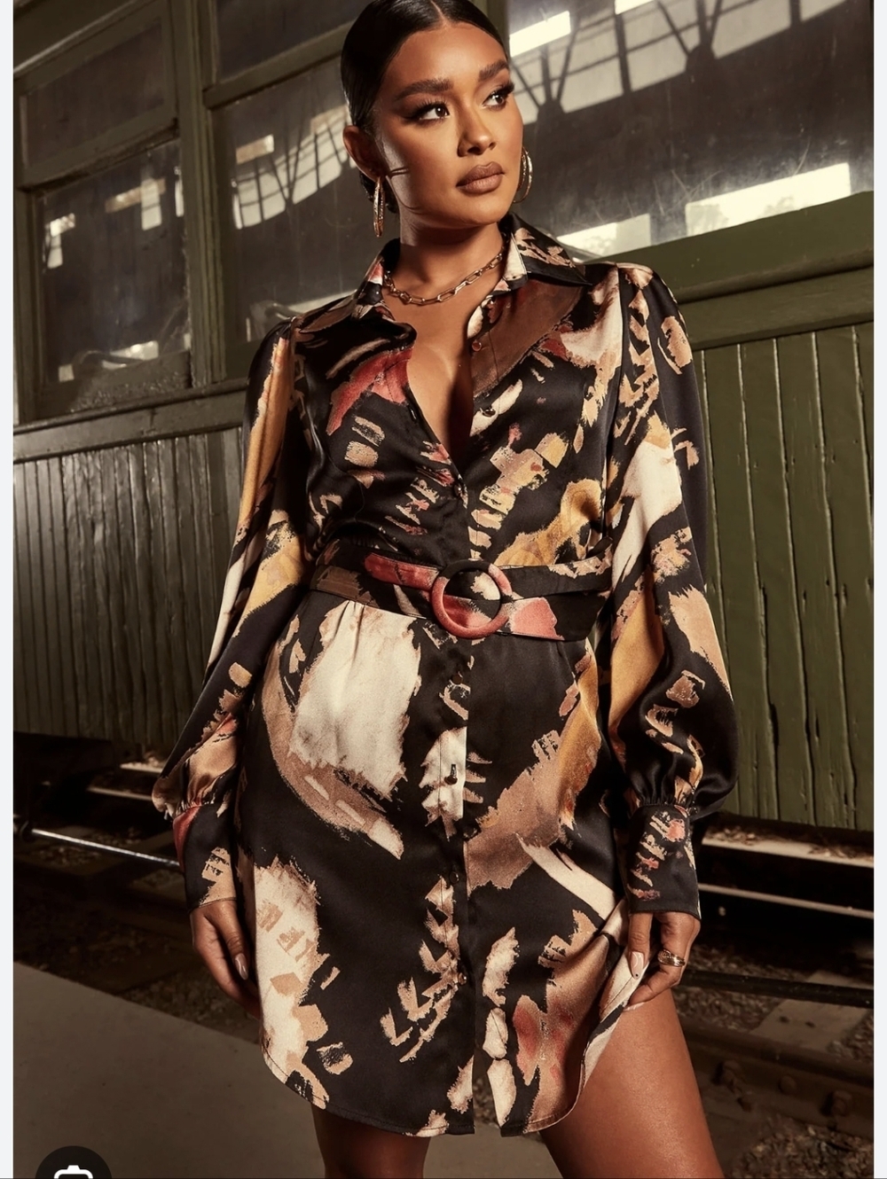 Fashion Nova Avita Satin Abstract Print Shirt Dress Size XL New
